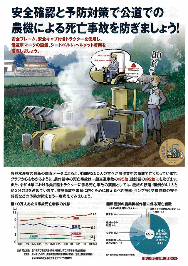 公道での農機による交通事故に注意しましょう。