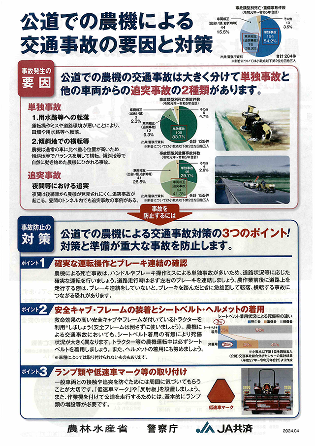 公道での農機による交通事故に注意しましょう。